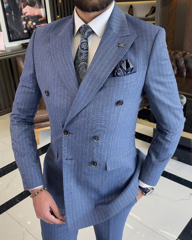 Angus Stylish Blue Double Breasted Striped Best Fitting Peaked Lapel Business Suits