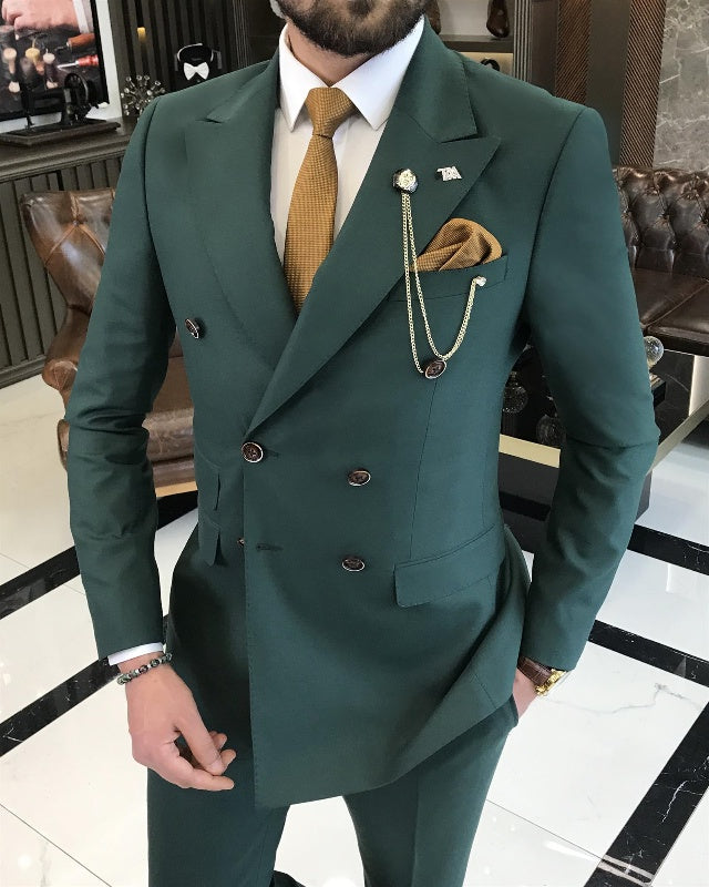 Fashion Dark Green Double Breasted Close Fitting Peaked Lapel Business Suits