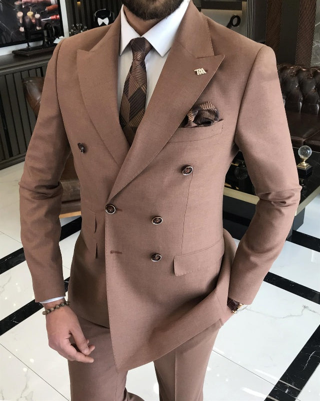 Atwood Chic Brown Double Breasted Best Fitting Peaked Lapel Business Suits