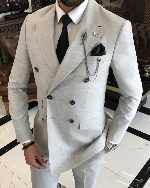 Bard Newest Gray Double Breasted Close Fitting Peaked Lapel Business Men Suits