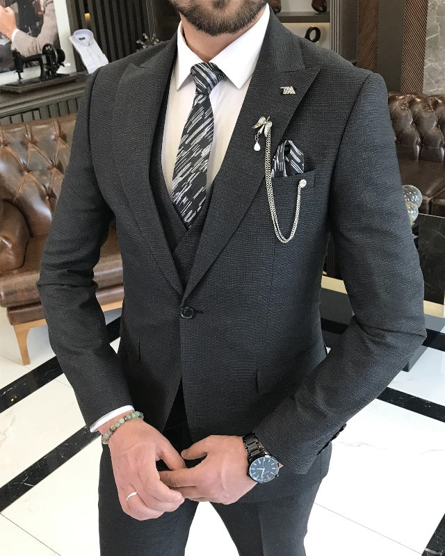 Modern Black One Button Slim Fitting Three Pieces Peaked Lapel Business Men Suits