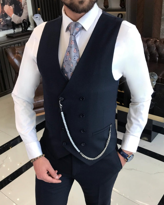 New Arrival Dark Navy Slim Fit Three Pieces Peaked Lapel Business Men Suits