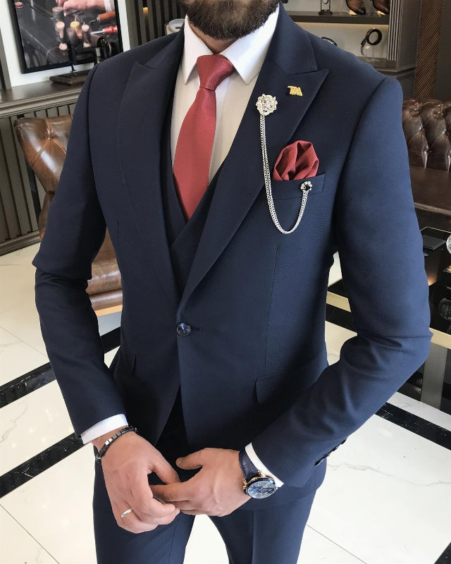 Classic Bespoke Dark Navy Slim Fit Three Pieces Peaked Lapel Business Men Suits