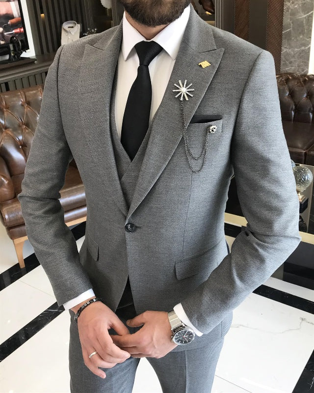 Fashion Dark Gray Three Pieces Peaked Lapel Men Suits For Business