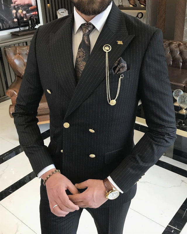 Classic Black Double Breasted Striped Slim Fit Peaked Lapel Business Men Suits