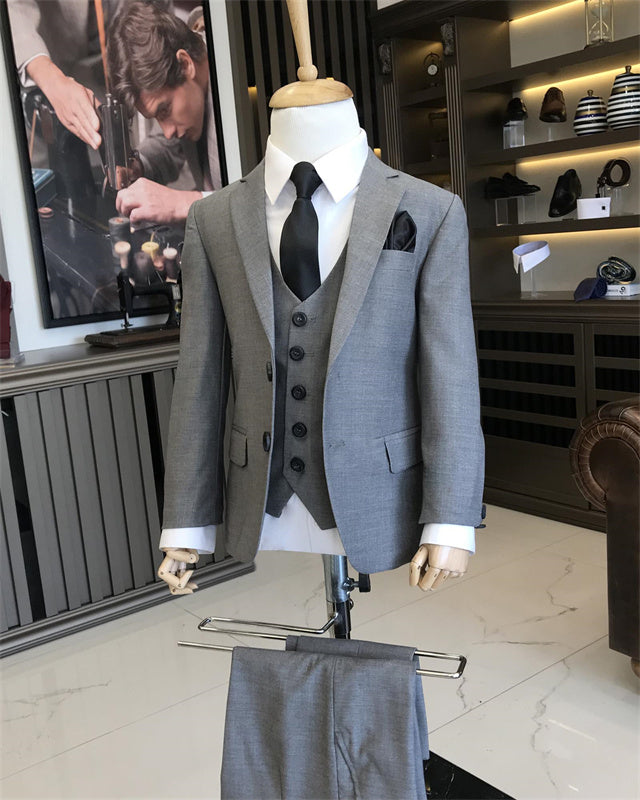 Formal Gray Notched Lapel Three Pieces Boys Suits