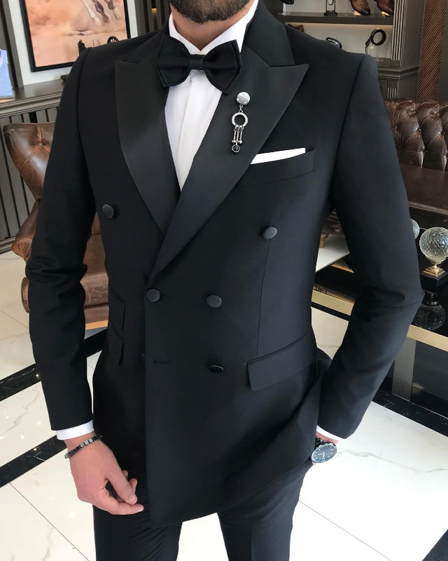 Newest Black Double Breasted Best Fitting Peaked Lapel Business Men Suits