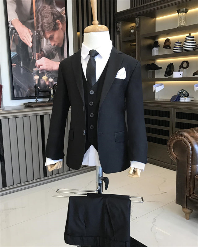 Modern Black Notched Lapel Three Pieces Boys Suits