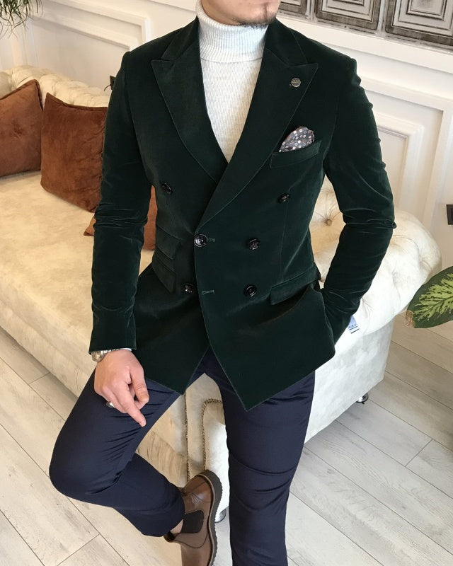 Chic Dark Green Velvet Double Breasted Peaked Lapel Prom Men Suits