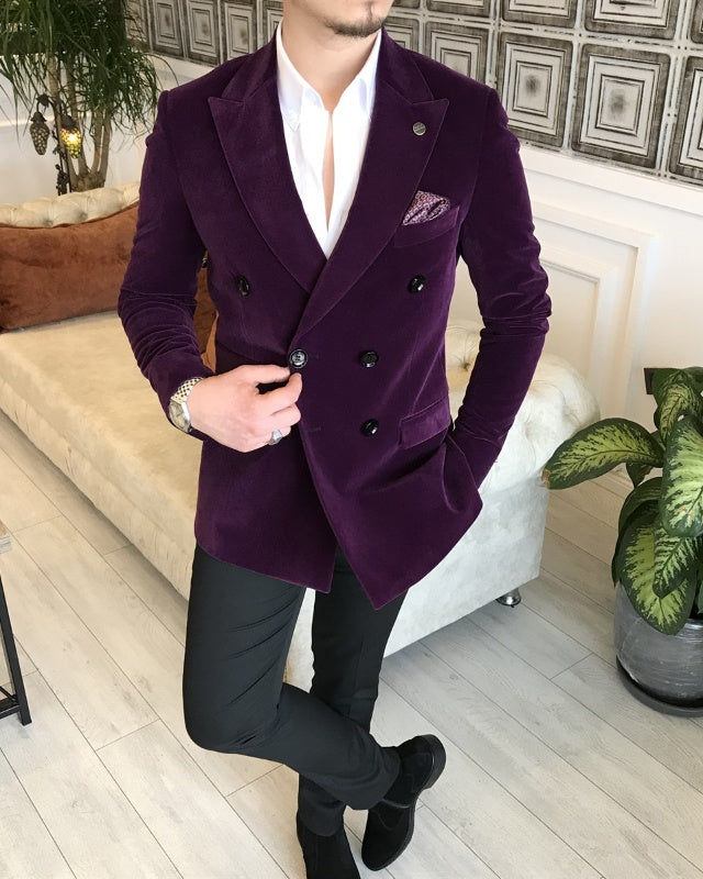 Purple Velvet Double Breasted Peaked Lapel Slim Fit Prom Men Suits