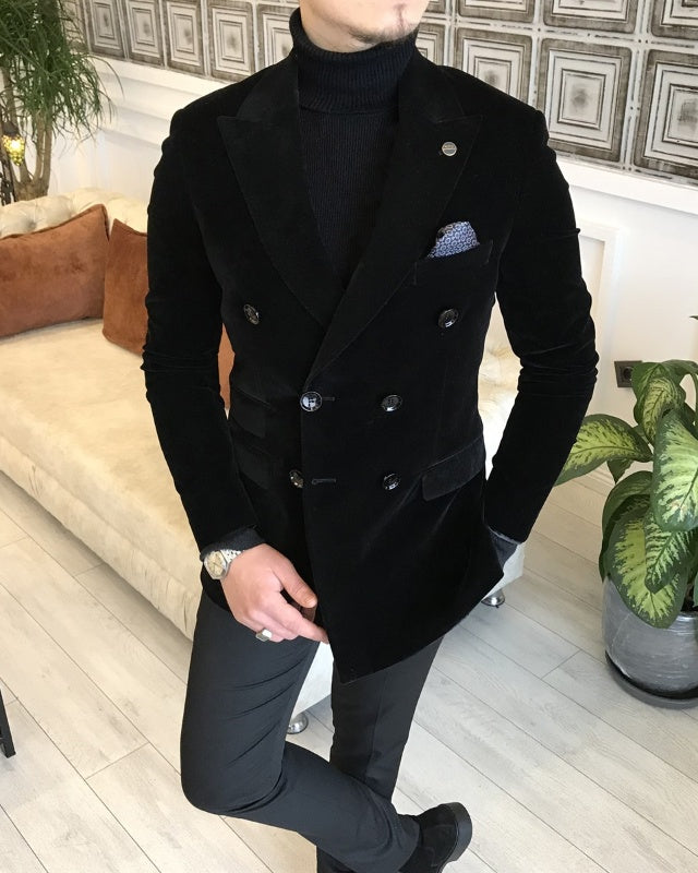 Black Velvet Double Breasted Peaked Lapel Close Fitting Prom Suits For Men