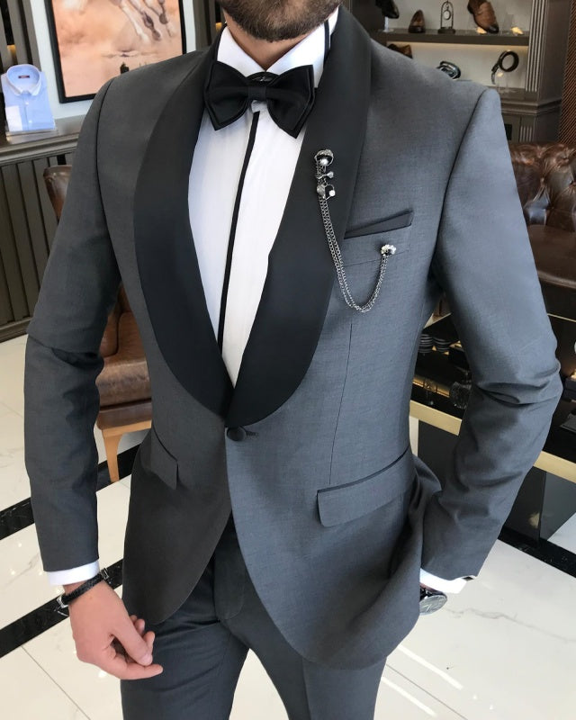 Handsome Dark Gray Slim Fit Shawl Lapel Wedding Men Suits
