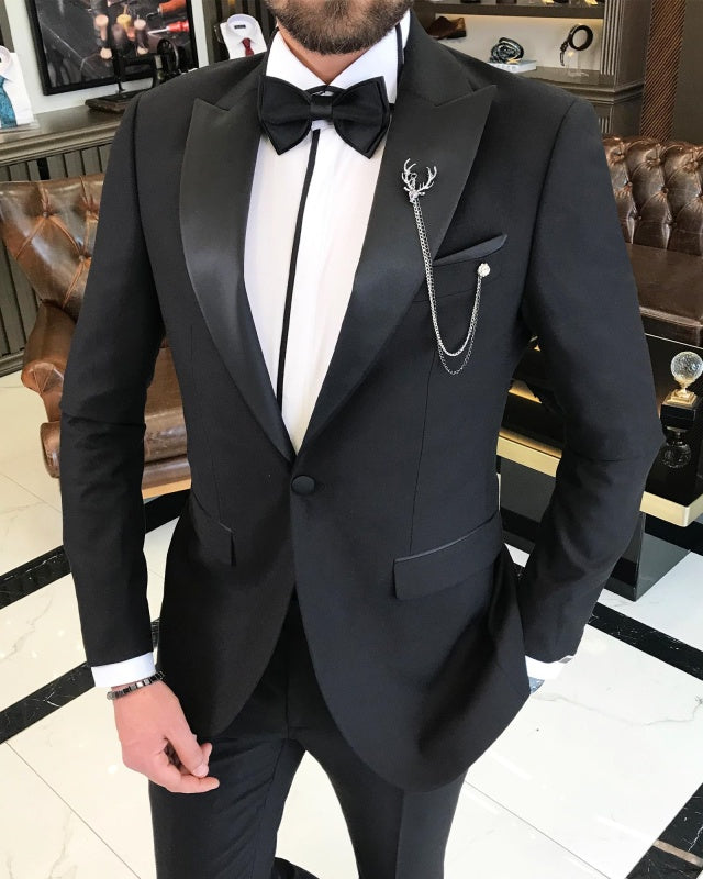 Amber Modern Black Best Fitting Peaked Lapel Wedding Men suits
