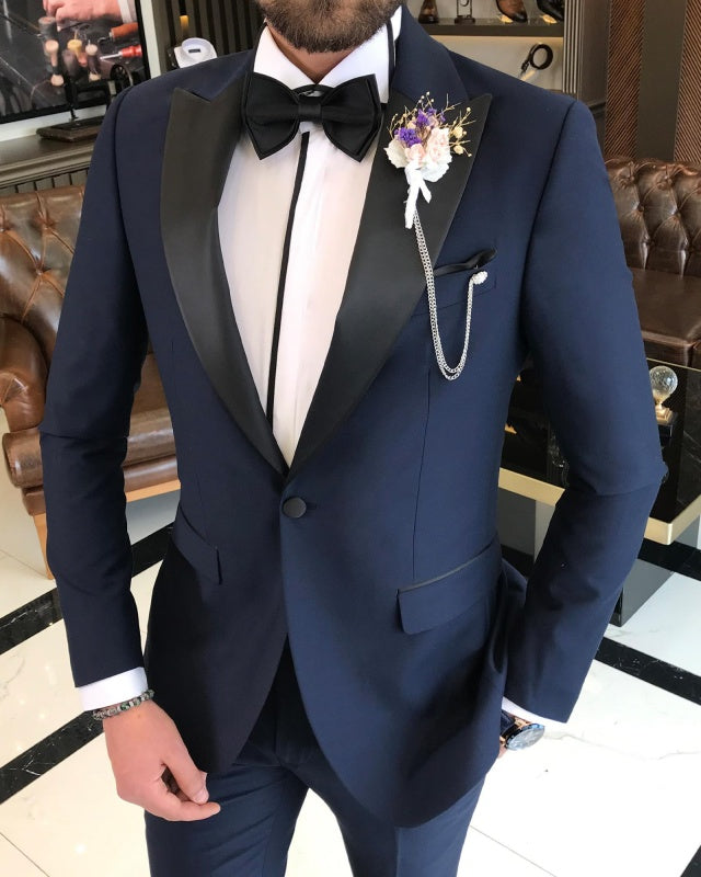 Adam Newest Dark Navy Close Fitting Peaked Lapel Wedding Men Suits