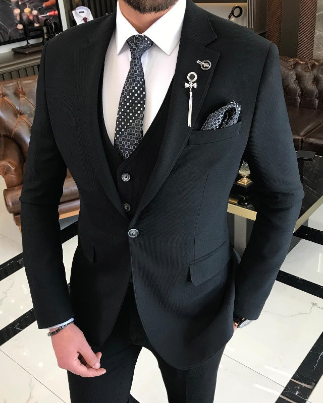 Classic Black Slim Fit Three Pieces Notch Lapel Business Men Suits