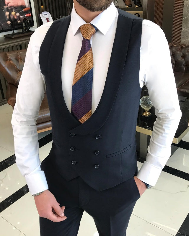 Michael Dark Navy Close Fitting Three Pieces Peaked Lapel Business Men Suits