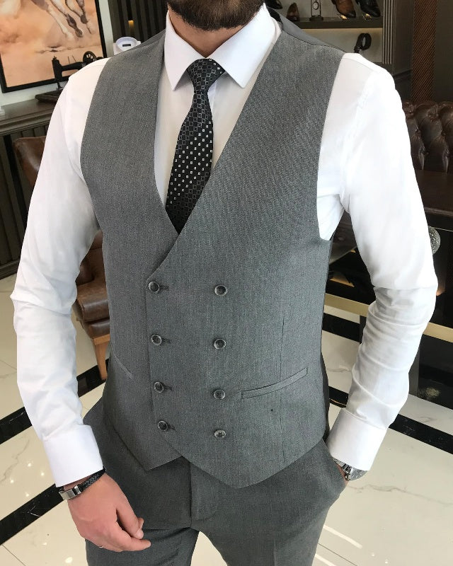 Handsome Dark Gray Three Pieces Peaked Lapel Slim Fit Business Men Suits