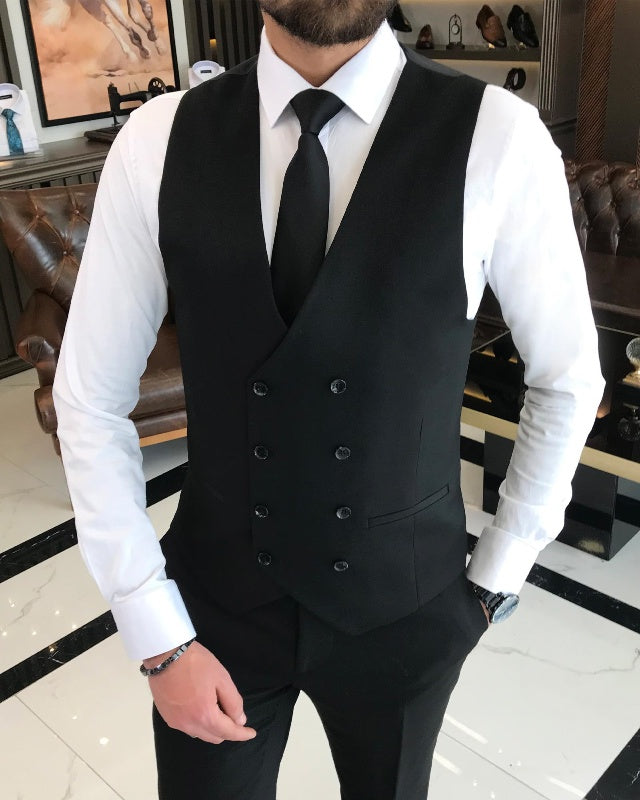Angelo Black Three Pieces Peaked Lapel Slim Fit Business Men Suits