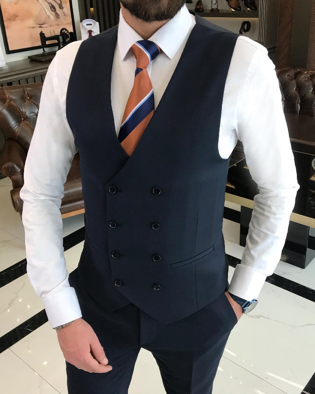 Chic Dark Navy Three Pieces Peaked Lapel Slim Fit Business Men Suits