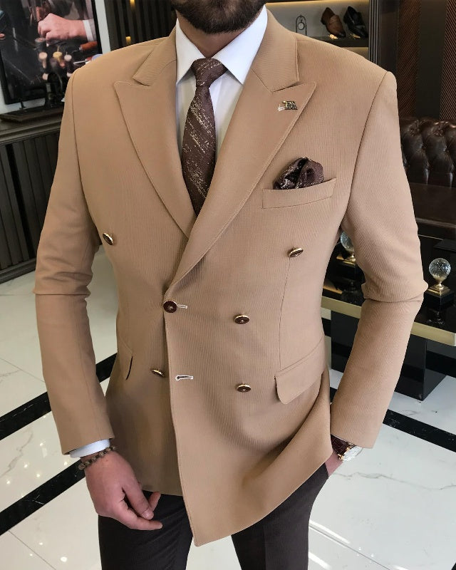 Newest Khaki Double Breasted Best Fitting Peaked Lapel Business Men Suits