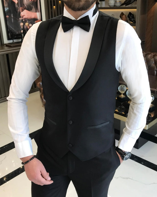 Andrew Stylish Black Best Fitting Three Pieces Peaked Lapel Wedding Men Suits