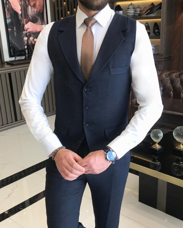 Newest Dark Blue Three Pieces Slim Fit Peaked Lapel Business Suits For Men