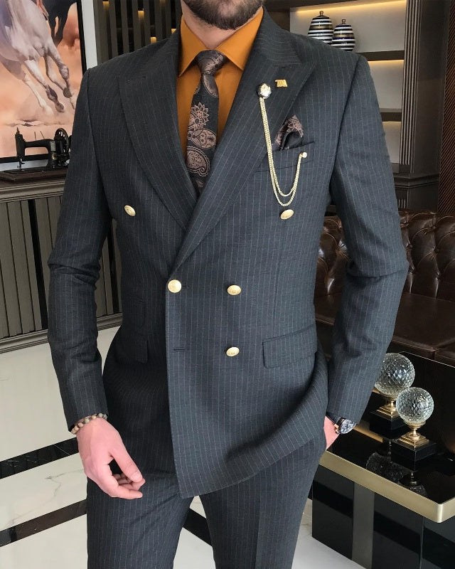 New Arrival Black Striped Double Breasted Slim Fit Business Men Suits