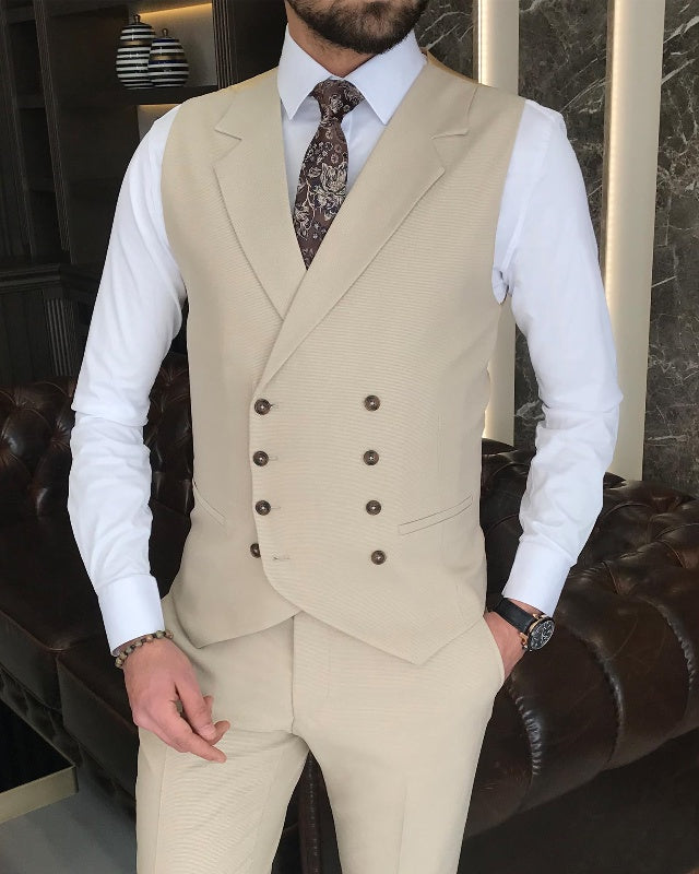 Newest Apricot Three Pieces Peaked Lapel Slim Fit Business Suits For Men