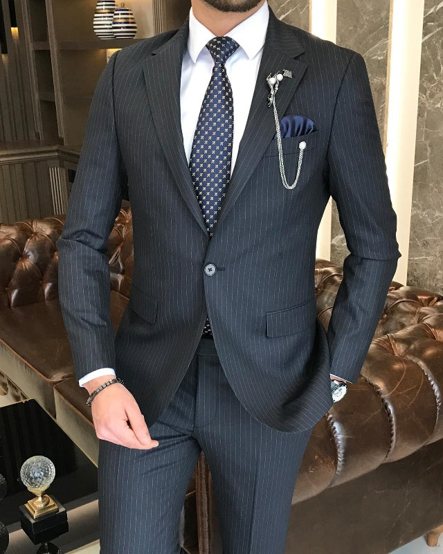 Classic Bespoke Black Striped Slim Fit Notch Lapel Business Suits For Men