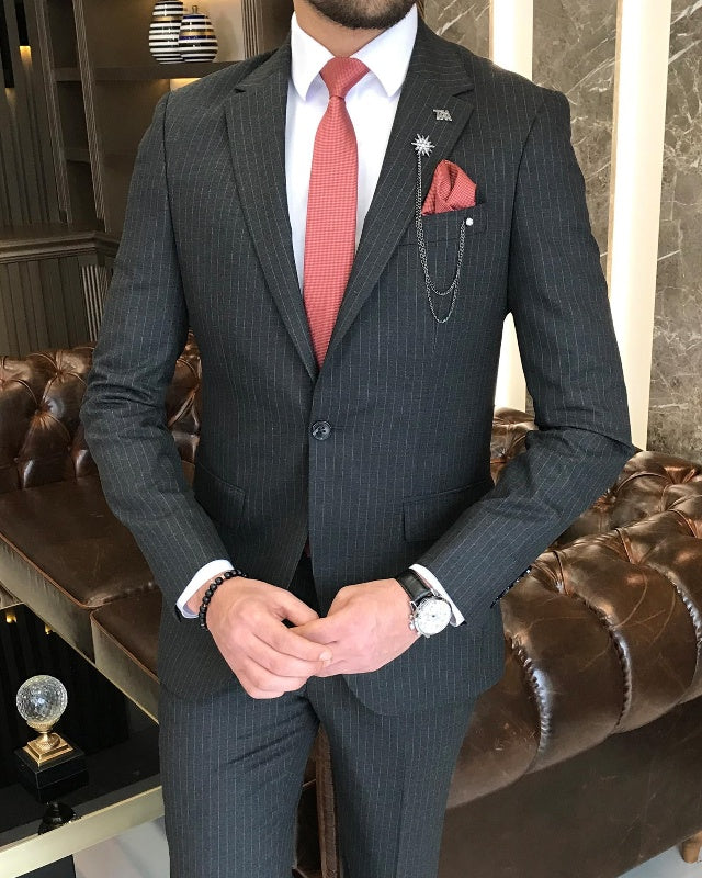 Classic Bespoke Dark Gray Striped Slim Fit Business Men Suits