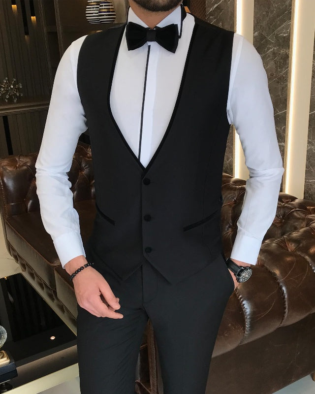 Allen Handsome Black Slim Fit Three Pieces Peaked Lapel Wedding Men Suits