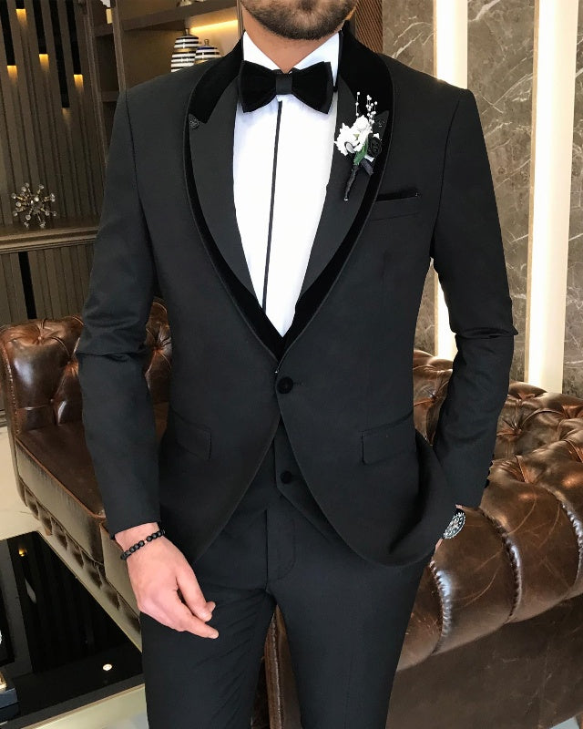 Amos Handsome Black Slim Fit Three Pieces Shawl Lapel Wedding Men Suits