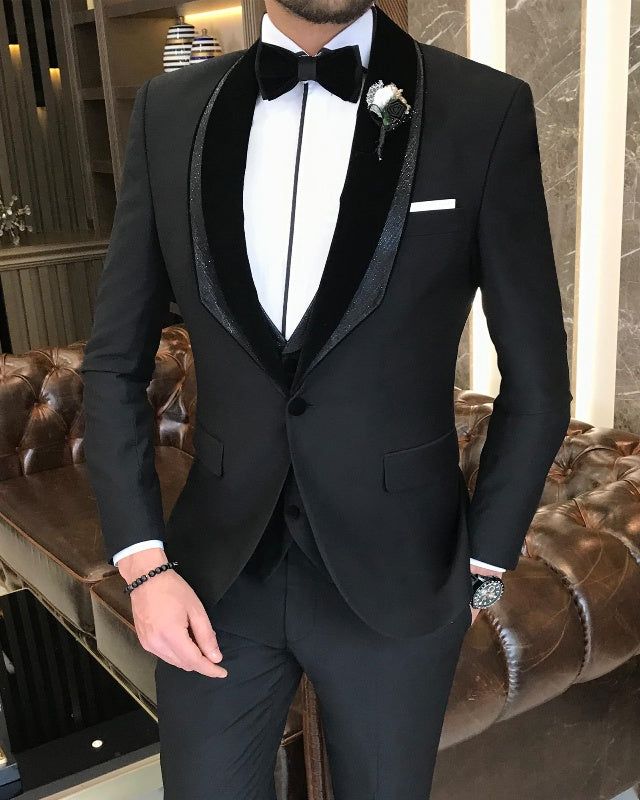 Albert Modern Black Slim Fit Three Pieces Shawl Lapel Wedding Men Suits