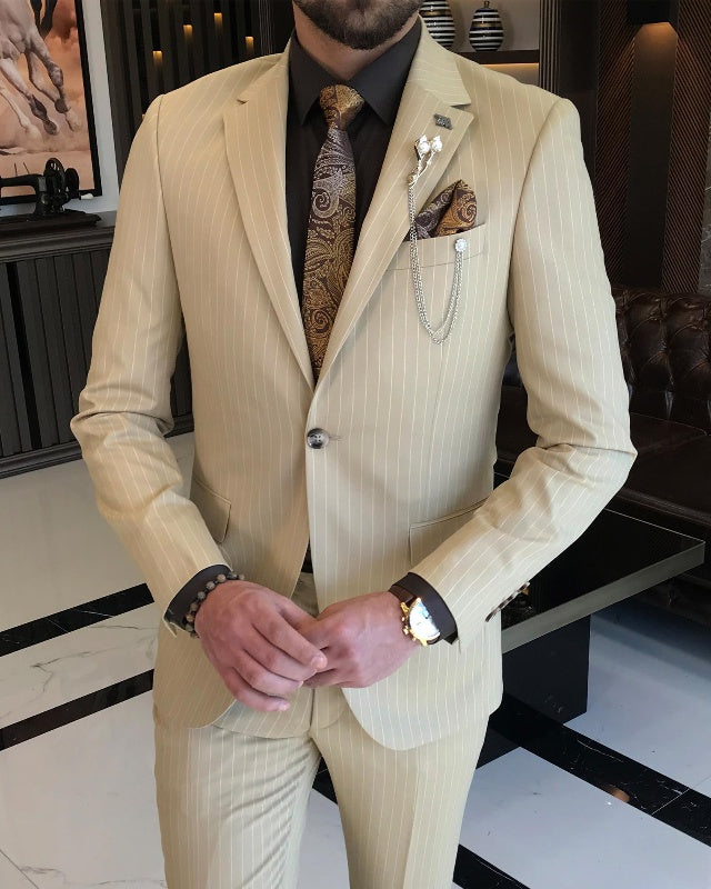 Classic Bespoke Apricot Striped Close Fitting Notch Lapel Business Men Suits