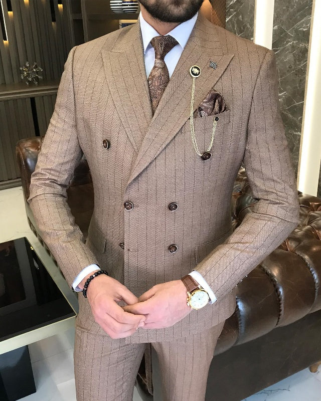 Modern Coffee Striped Double Breasted Slim Fit Peaked Lapel Business Men Suits