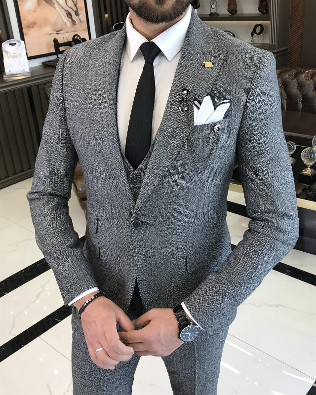 Alan Modern Dark Gray Slim Fit Three Pieces Peaked Lapel Business Men Suits
