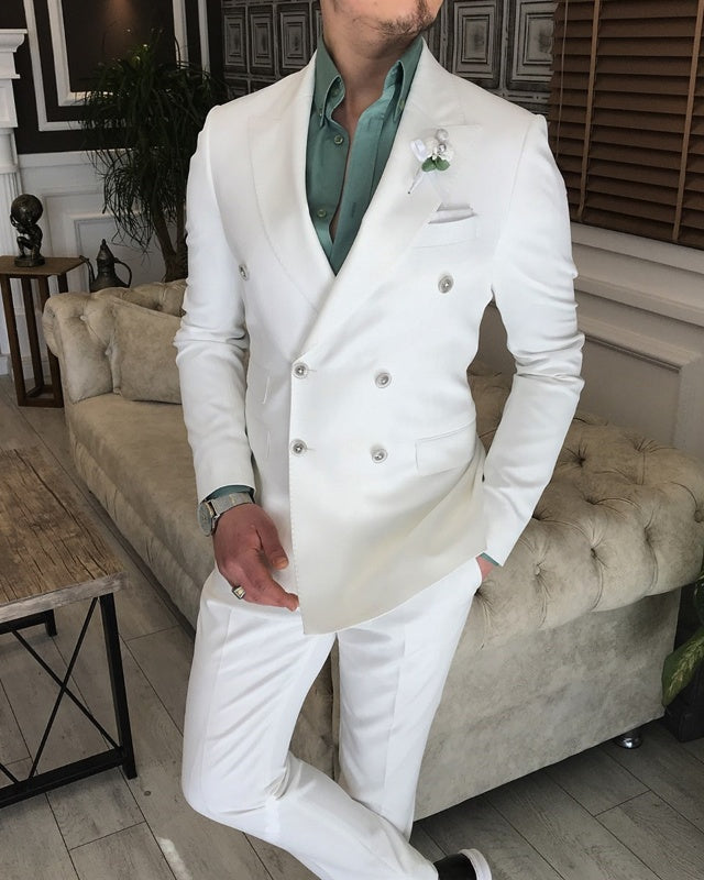 Full White Double Breasted Peaked Lapel Close Fitting Prom Suits For Men
