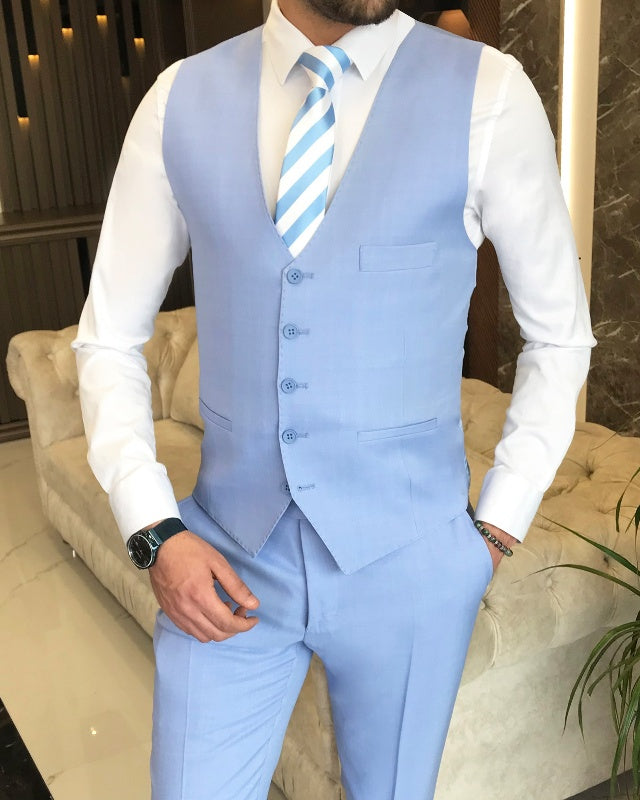 Fashion Sky Blue Three Pieces Peaked Lapel Best Fitting Prom Men Suits