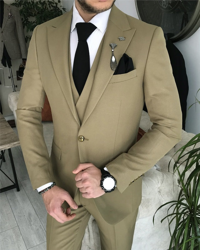 Modern Olive Green Slim Fit Three Pieces Peaked Lapel Business Men Suits