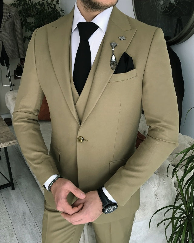 Modern Olive Green Slim Fit Three Pieces Peaked Lapel Business Men Suits