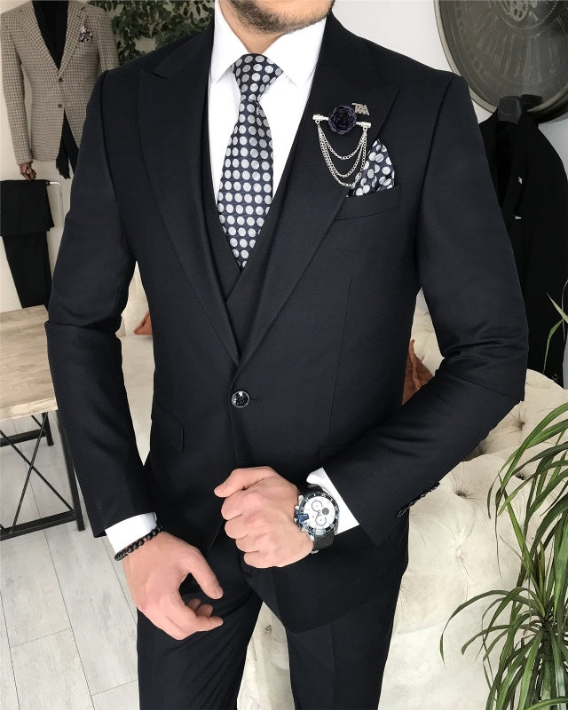 Abbott Chic Black Three Pieces Peaked Lapel Slim Fit Business Men Suits