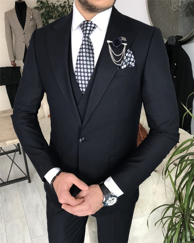 Abbott Chic Black Three Pieces Peaked Lapel Slim Fit Business Men Suits