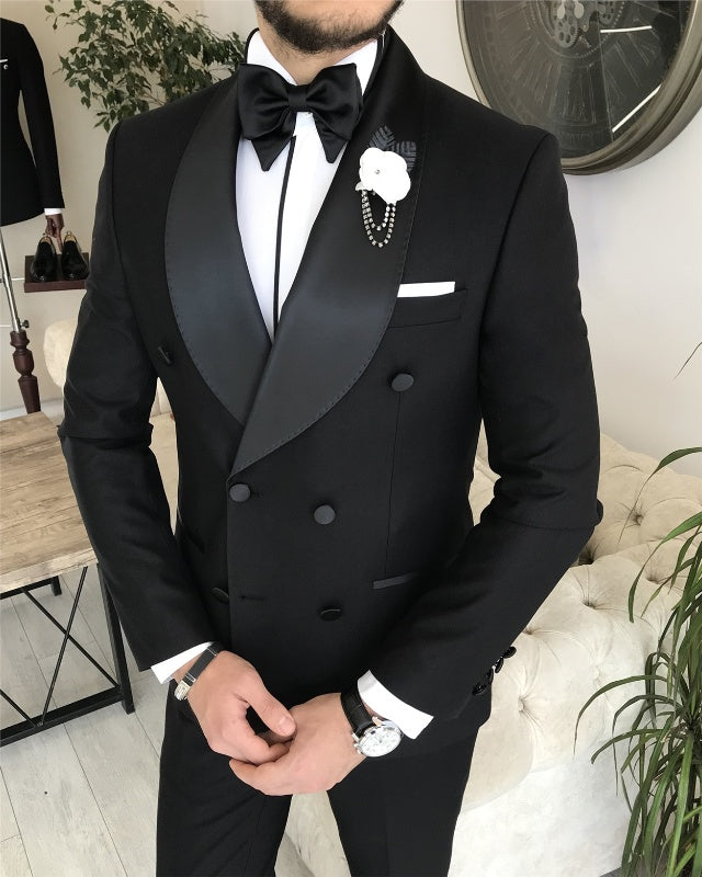 Fashion Black Double Breasted Slim Fit Shawl Lapel Wedding Men Suits
