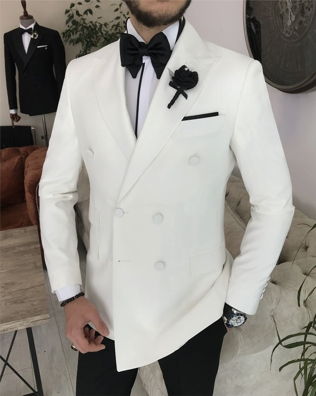 Stylish White Double Breasted Best Fitting Peaked Lapel Wedding Men Suits