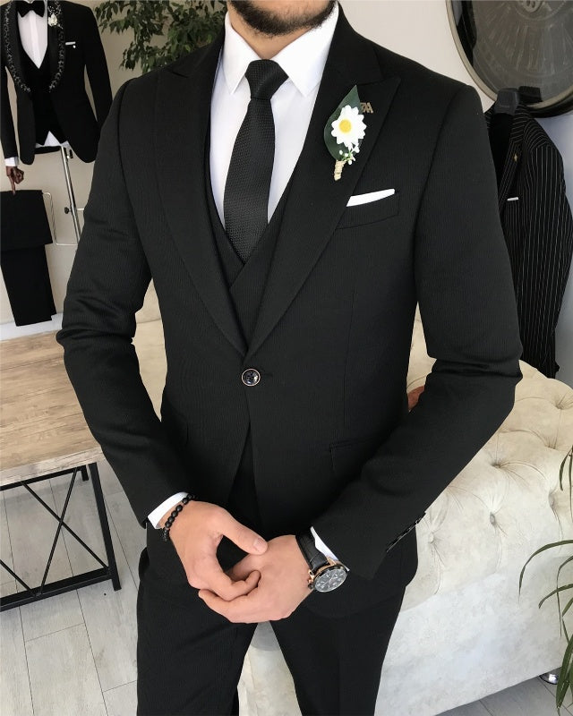 Abner Modern Black Slim Fit Three Pieces Peaked Lapel Business Men Suits