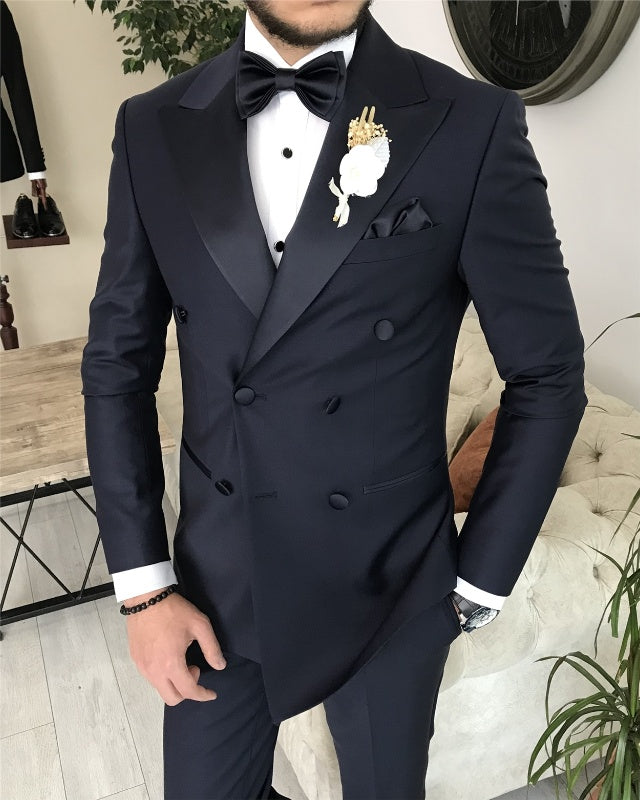 Archer Modern Black Double Breasted Slim Fit Peaked Lapel Wedding Men Suits