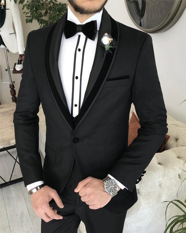 Angelo New Arrival Black Best Fitting Three Pieces Shawl Lapel Wedding Men Suits