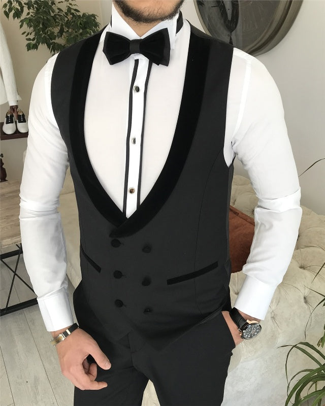Alonzo Handsome Black Slim Fit Three Pieces Shawl Lapel Wedding Men Suits
