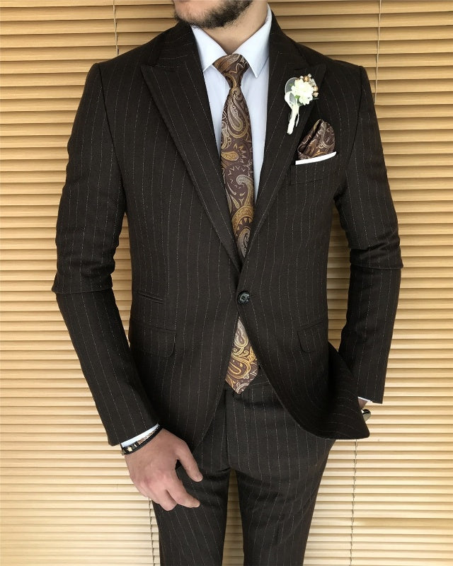 Newest Chocolate Striped Peaked Slim Fit Business Men Suits