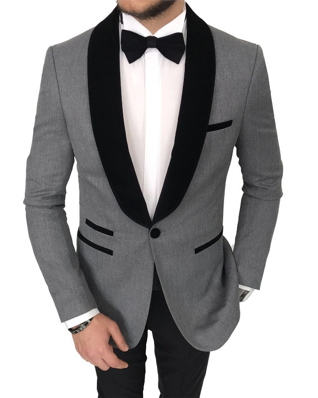 Chic Gray Slim Fit Wedding Men Suits With Black Shawl Lapel